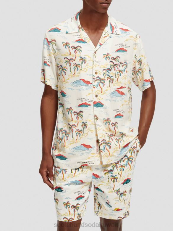 ملابس Scotch & Soda قميص المخيم المطبوع جزيرة النخلة البيضاء AOP رجال N0V4305