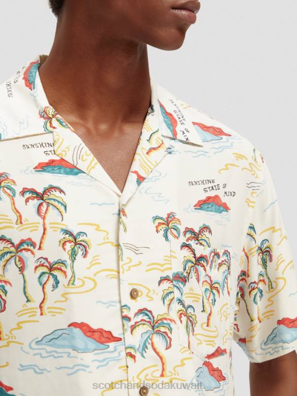ملابس Scotch & Soda قميص المخيم المطبوع جزيرة النخلة البيضاء AOP رجال N0V4305