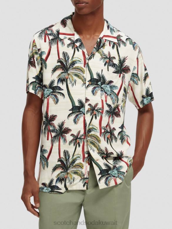 ملابس Scotch & Soda قميص المخيم المطبوع أشجار النخيل أوف وايت AOP رجال N0V4306