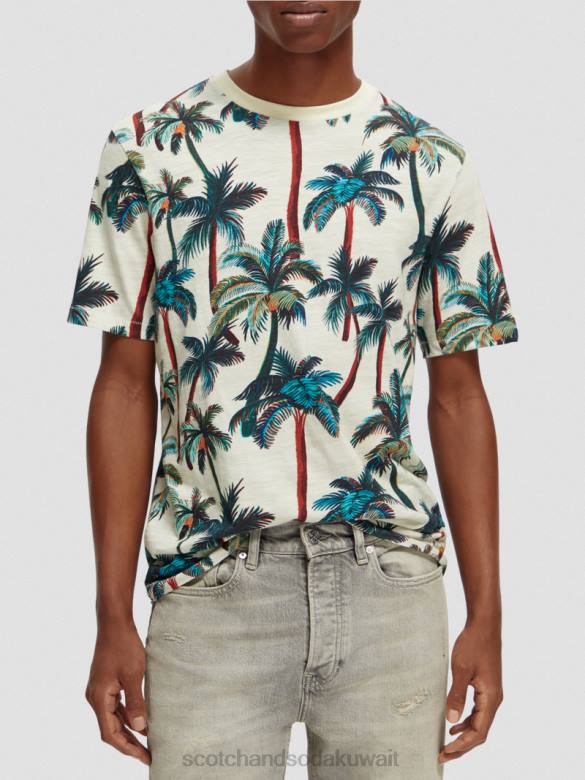 ملابس Scotch & Soda تي شيرت مطبوع أشجار النخيل أوف وايت AOP رجال N0V4411