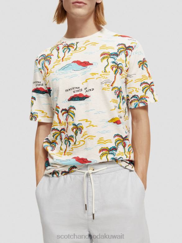 ملابس Scotch & Soda تي شيرت مطبوع جزيرة النخلة البيضاء AOP رجال N0V4412