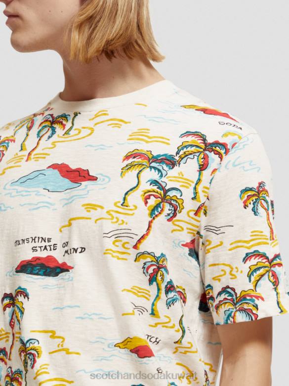 ملابس Scotch & Soda تي شيرت مطبوع جزيرة النخلة البيضاء AOP رجال N0V4412