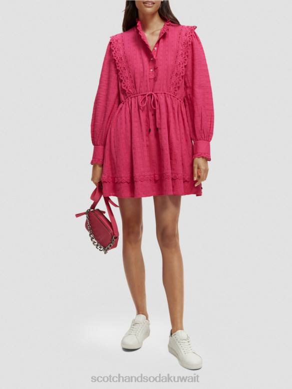 ملابس Scotch & Soda فستان قصير من القطن العضوي من تصميم Broderie anglaise ضارب الى الحمرة نحيف N0V410