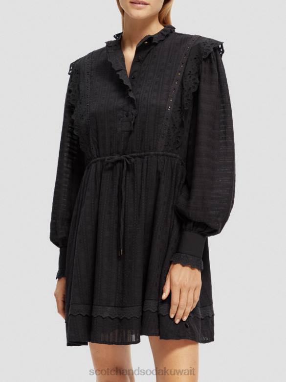 ملابس Scotch & Soda فستان قصير من القطن العضوي من تصميم Broderie anglaise أسود نحيف N0V411