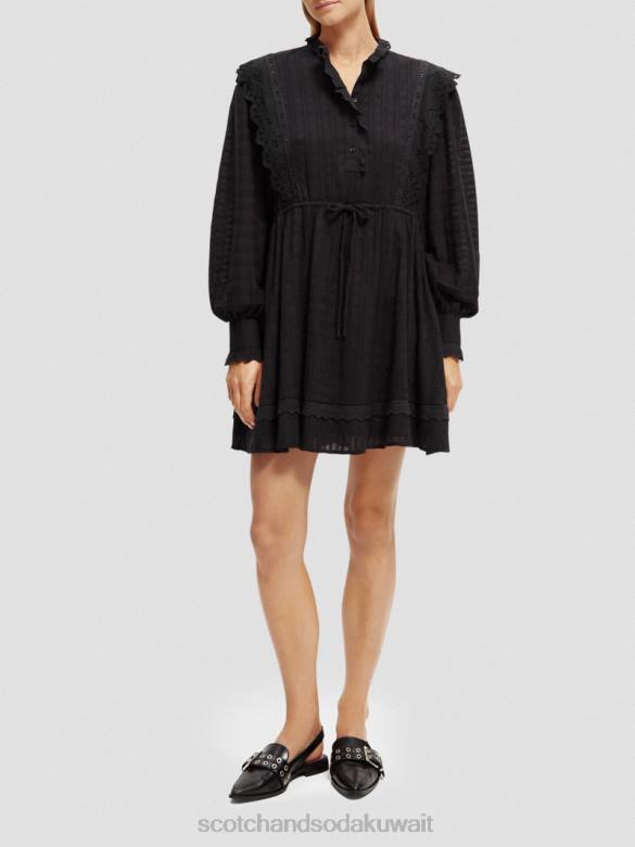 ملابس Scotch & Soda فستان قصير من القطن العضوي من تصميم Broderie anglaise أسود نحيف N0V411