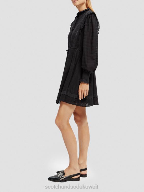 ملابس Scotch & Soda فستان قصير من القطن العضوي من تصميم Broderie anglaise أسود نحيف N0V411