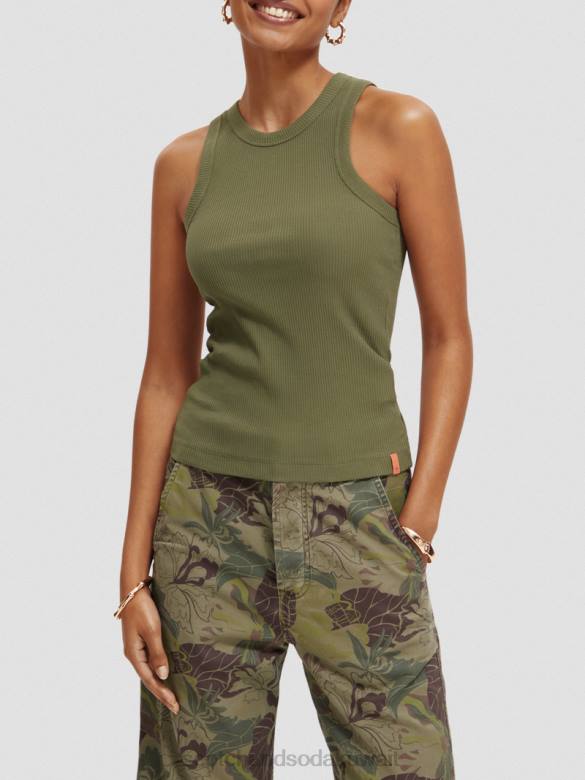 ملابس Scotch & Soda سترة علوية بدون أكمام بظهر متسابق ومتماسكة أخضر زيتوني نحيف N0V4109