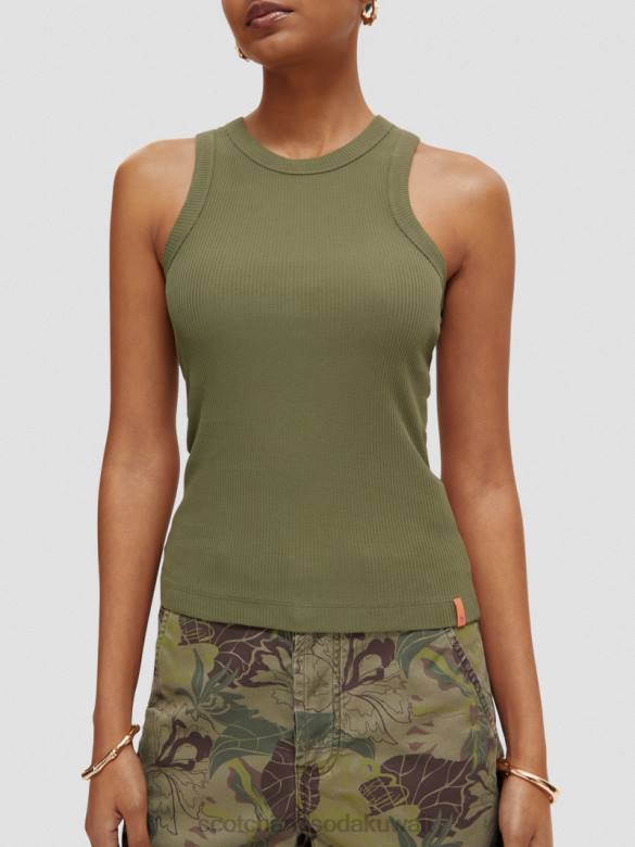 ملابس Scotch & Soda سترة علوية بدون أكمام بظهر متسابق ومتماسكة أخضر زيتوني نحيف N0V4109