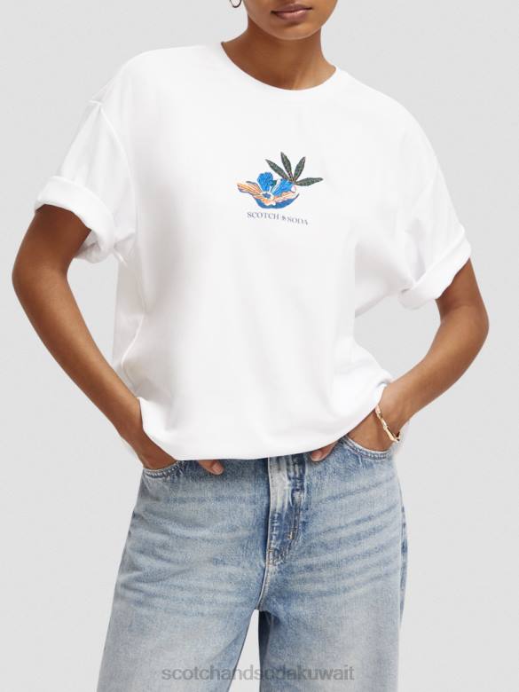 ملابس Scotch & Soda تي شيرت فضفاض برسومات أبيض نحيف N0V4114