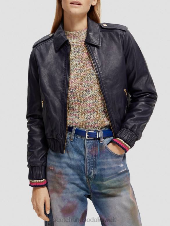 ملابس Scotch & Soda سترة بومبر جلدية القوات البحرية نحيف N0V4142
