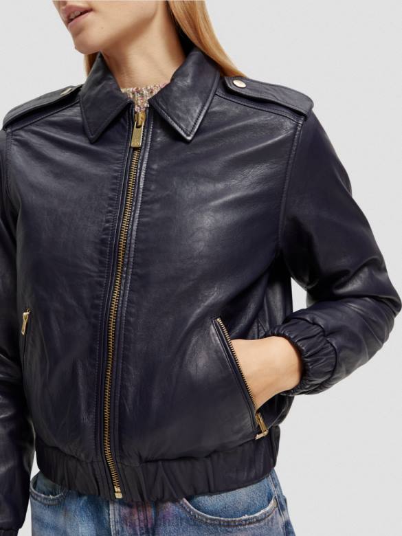 ملابس Scotch & Soda سترة بومبر جلدية القوات البحرية نحيف N0V4142