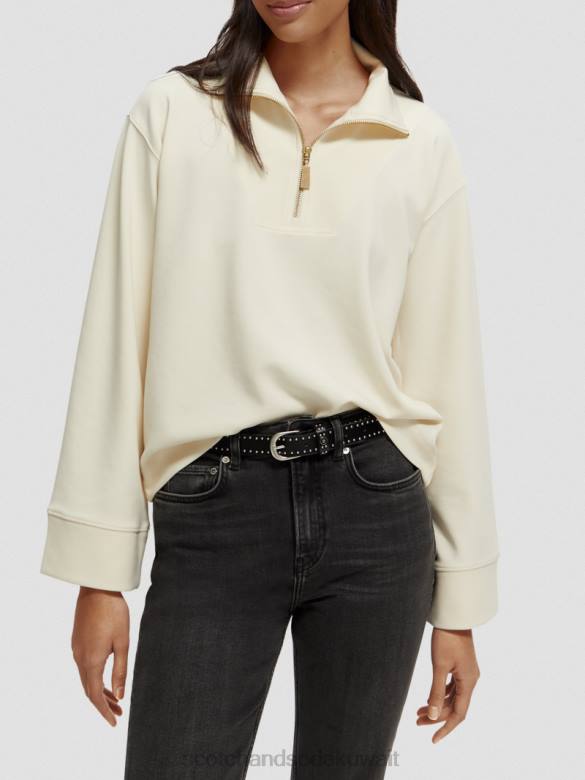 ملابس Scotch & Soda سترة نصف سحاب بأكمام البوق الفانيليا البيضاء نحيف N0V4192