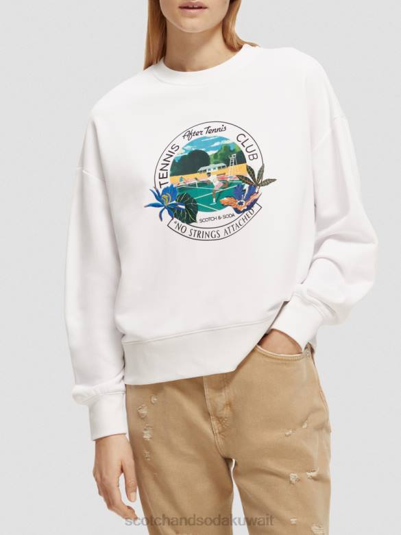 ملابس Scotch & Soda كنزة فضفاضة ذات رقبة دائرية ورسومات جرافيك أبيض نحيف N0V4217