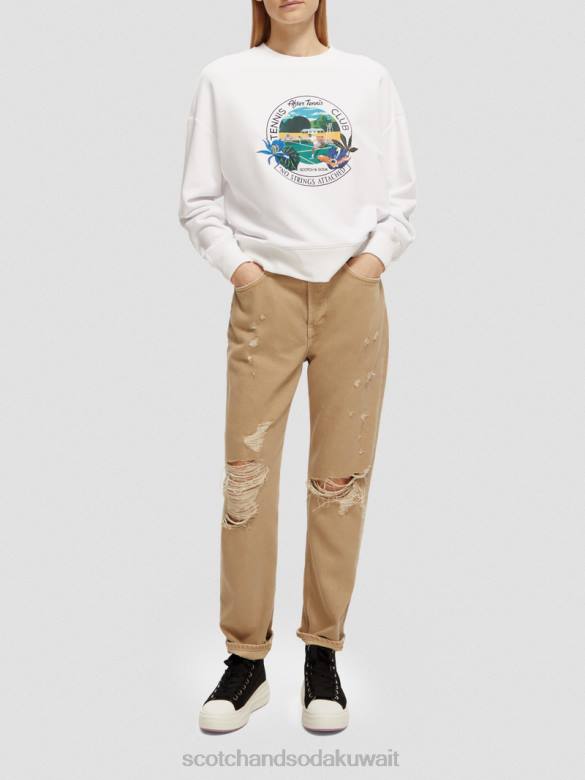 ملابس Scotch & Soda كنزة فضفاضة ذات رقبة دائرية ورسومات جرافيك أبيض نحيف N0V4217