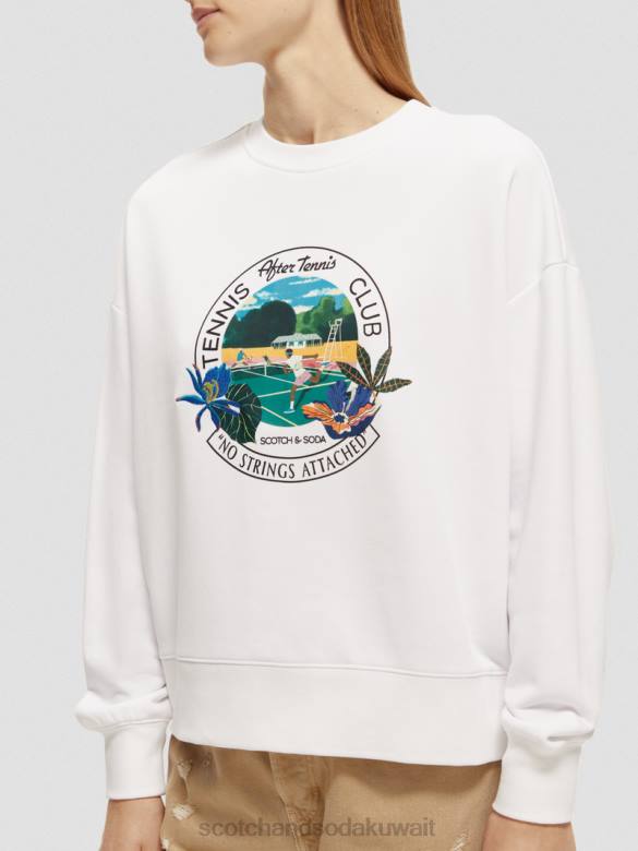 ملابس Scotch & Soda كنزة فضفاضة ذات رقبة دائرية ورسومات جرافيك أبيض نحيف N0V4217