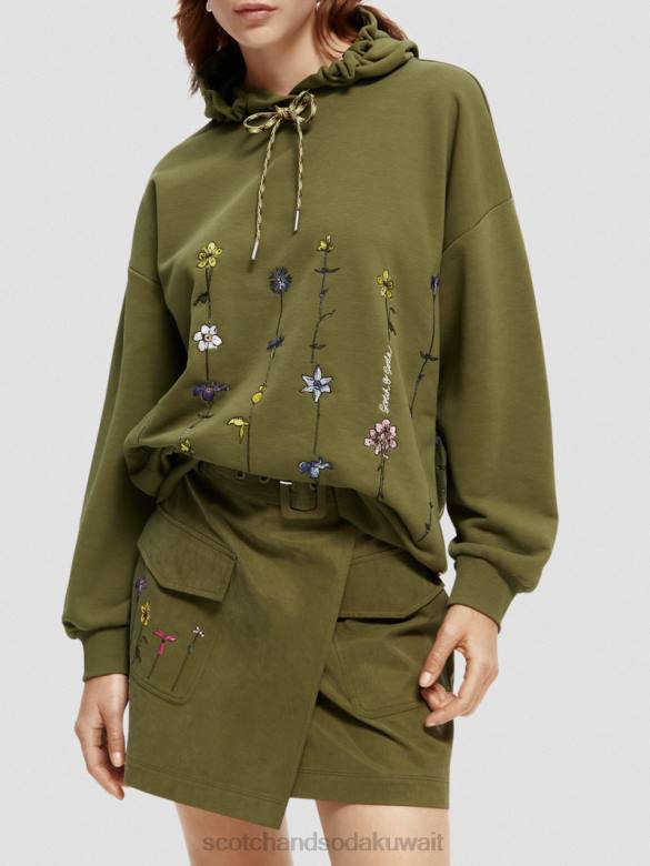 ملابس Scotch & Soda هوديي العمل الفني الأزهار المتضخم الجيش الأخضر نحيف N0V4219