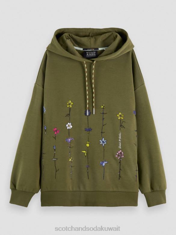 ملابس Scotch & Soda هوديي العمل الفني الأزهار المتضخم الجيش الأخضر نحيف N0V4219