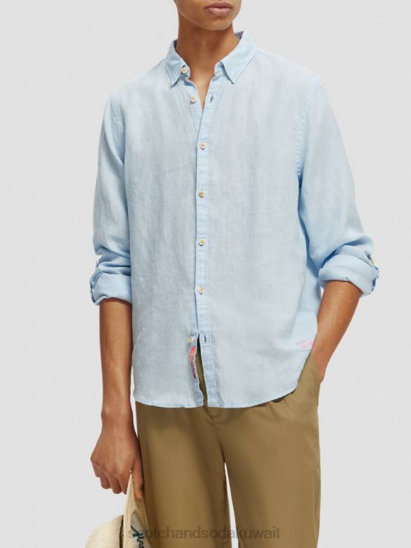ملابس Scotch & Soda قميص من الكتان مع تعديلات على الأكمام سماء رجال N0V4287
