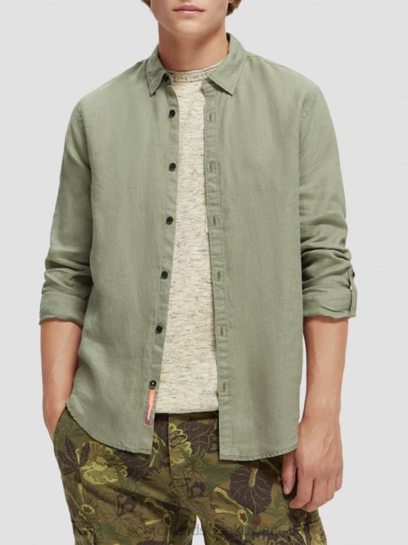 ملابس Scotch & Soda قميص من الكتان مع تعديلات على الأكمام جيش رجال N0V4288