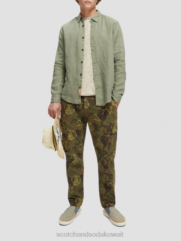 ملابس Scotch & Soda قميص من الكتان مع تعديلات على الأكمام جيش رجال N0V4288