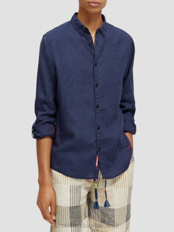 ملابس Scotch & Soda قميص من الكتان مع تعديلات على الأكمام البحرية رجال N0V4289
