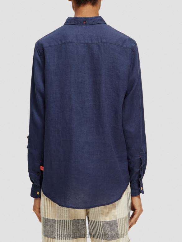 ملابس Scotch & Soda قميص من الكتان مع تعديلات على الأكمام البحرية رجال N0V4289