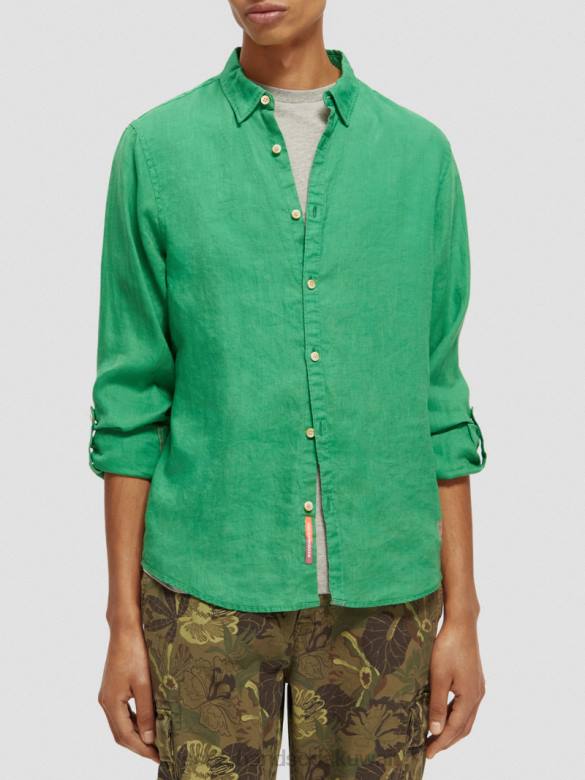 ملابس Scotch & Soda قميص من الكتان مع تعديلات على الأكمام الأمازون الأخضر رجال N0V4293