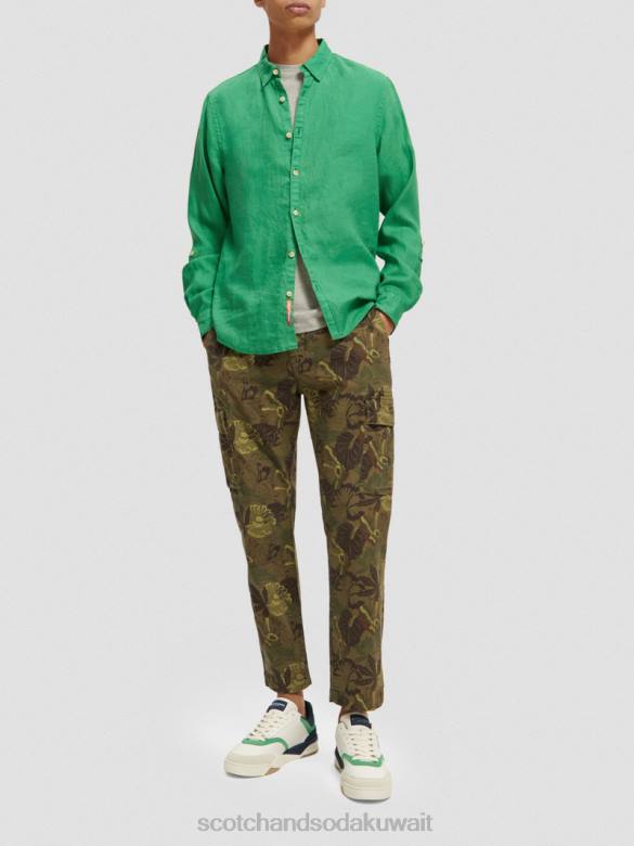 ملابس Scotch & Soda قميص من الكتان مع تعديلات على الأكمام الأمازون الأخضر رجال N0V4293
