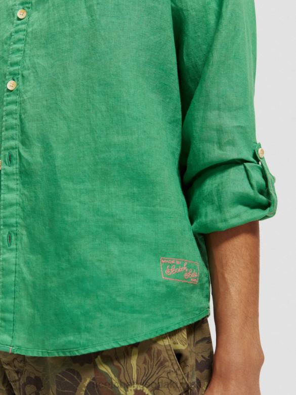 ملابس Scotch & Soda قميص من الكتان مع تعديلات على الأكمام الأمازون الأخضر رجال N0V4293