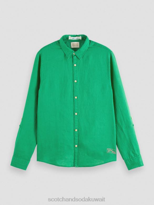 ملابس Scotch & Soda قميص من الكتان مع تعديلات على الأكمام الأمازون الأخضر رجال N0V4293