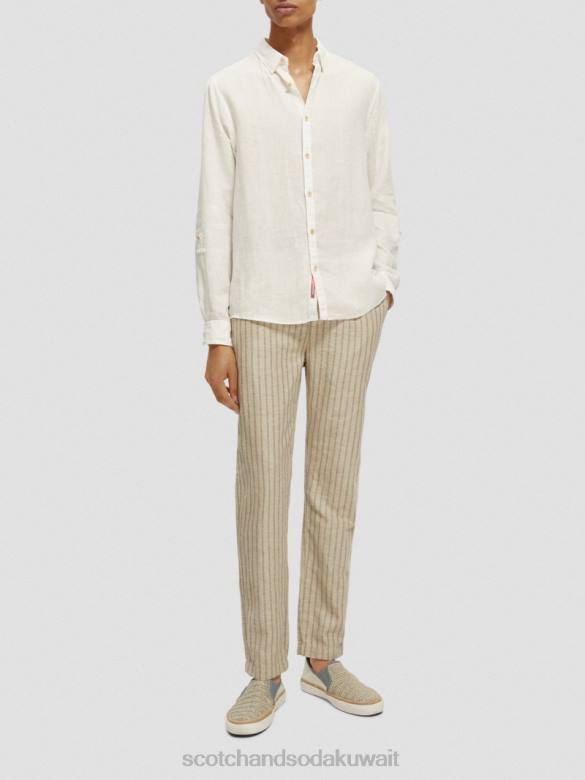 ملابس Scotch & Soda قميص من الكتان مع تعديلات على الأكمام أبيض رجال N0V4294