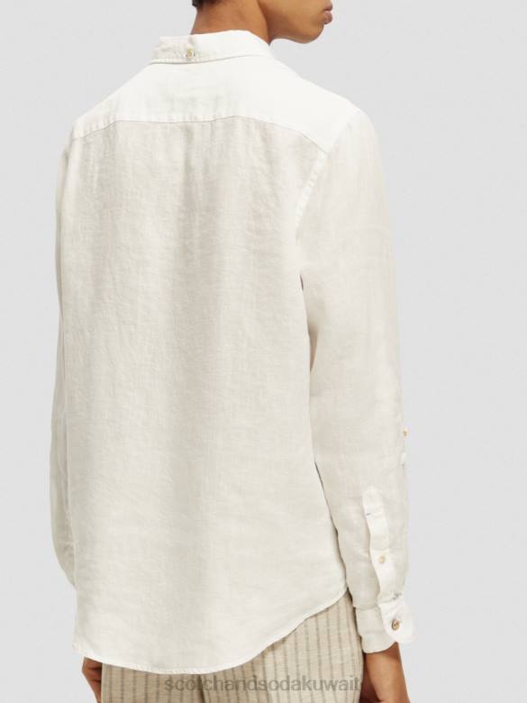 ملابس Scotch & Soda قميص من الكتان مع تعديلات على الأكمام أبيض رجال N0V4294