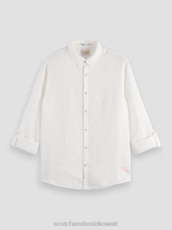 ملابس Scotch & Soda قميص من الكتان مع تعديلات على الأكمام أبيض رجال N0V4294