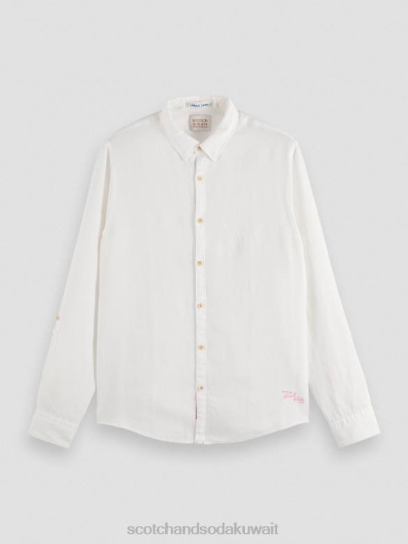 ملابس Scotch & Soda قميص من الكتان مع تعديلات على الأكمام أبيض رجال N0V4294