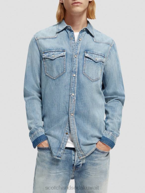 ملابس Scotch & Soda قميص دنيم غربي تم إصلاحه بمقاس عادي النيلي المغسول رجال N0V4303