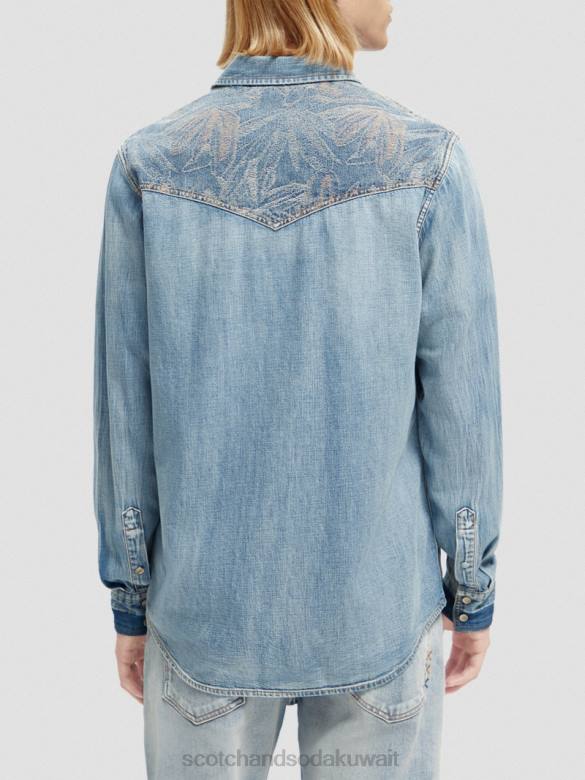 ملابس Scotch & Soda قميص دنيم غربي تم إصلاحه بمقاس عادي النيلي المغسول رجال N0V4303