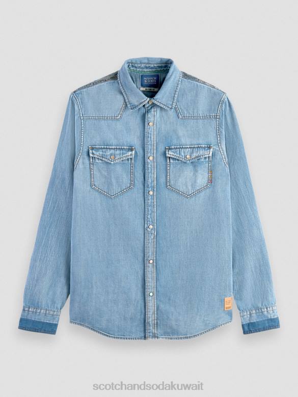 ملابس Scotch & Soda قميص دنيم غربي تم إصلاحه بمقاس عادي النيلي المغسول رجال N0V4303