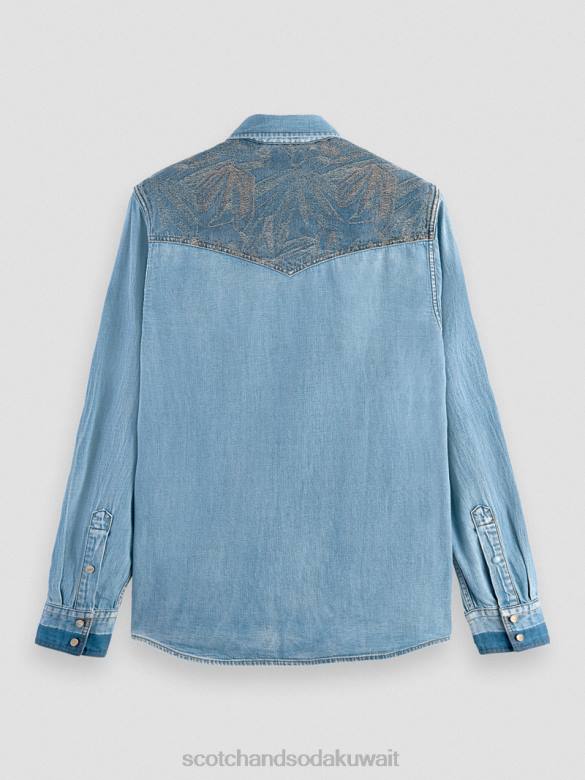 ملابس Scotch & Soda قميص دنيم غربي تم إصلاحه بمقاس عادي النيلي المغسول رجال N0V4303