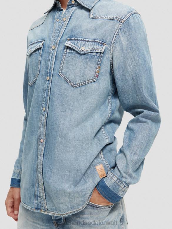 ملابس Scotch & Soda قميص دنيم غربي تم إصلاحه بمقاس عادي النيلي المغسول رجال N0V4303