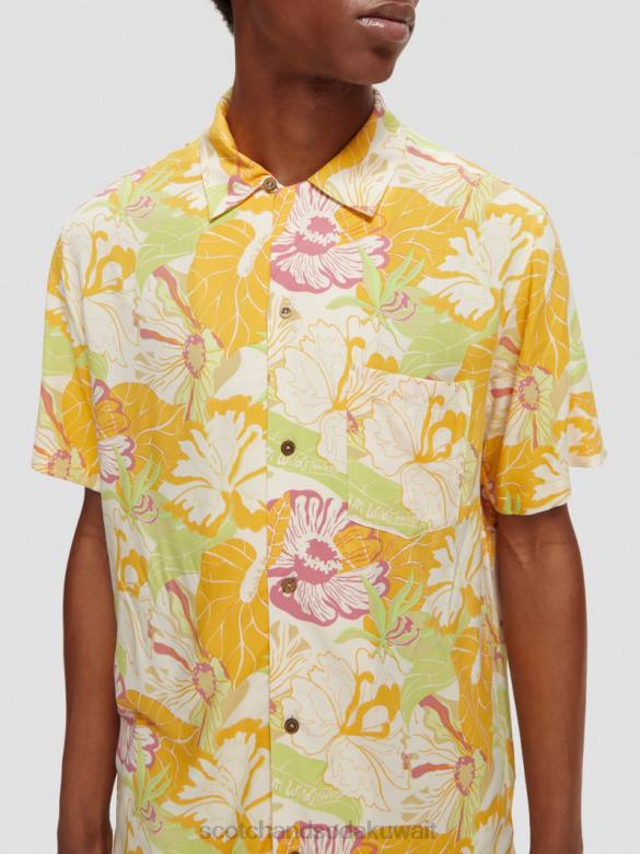 ملابس Scotch & Soda قميص المخيم المطبوع الأزهار الصفراء رجال N0V4304