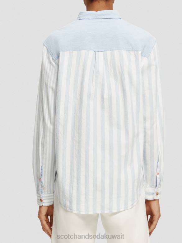 ملابس Scotch & Soda قميص شامبراي مختلط خفيف الوزن ومقاس مريح البحر الأزرق رجال N0V4314