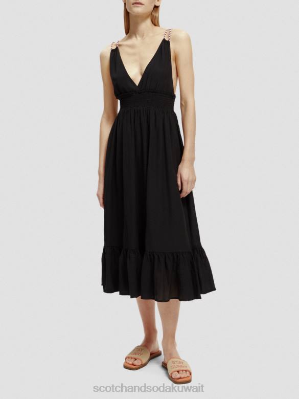 ملابس Scotch & Soda فستان بحزام ميدي مدخن أسود نحيف N0V432