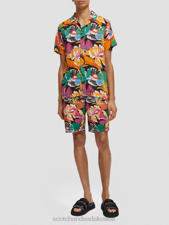 ملابس Scotch & Soda قميص مخيم مطبوع بأكمام قصيرة زهري رجال N0V4330