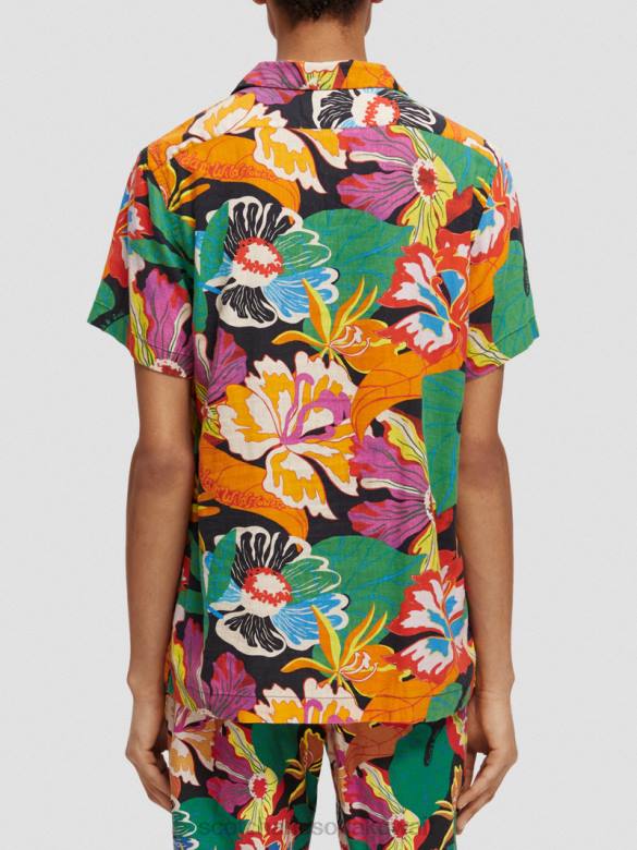 ملابس Scotch & Soda قميص مخيم مطبوع بأكمام قصيرة زهري رجال N0V4330