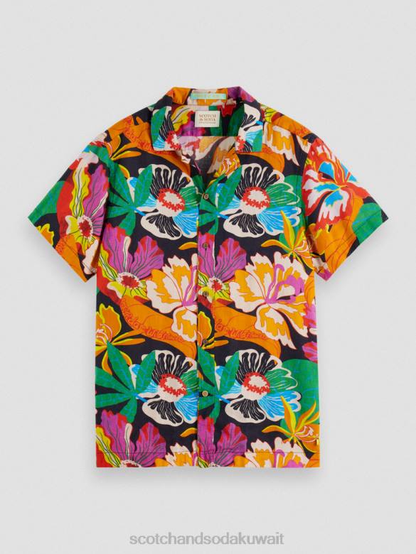 ملابس Scotch & Soda قميص مخيم مطبوع بأكمام قصيرة زهري رجال N0V4330