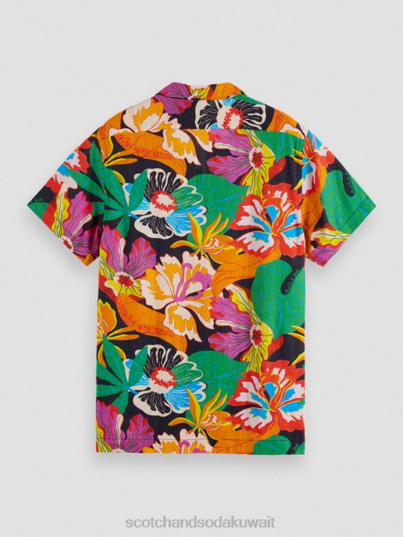 ملابس Scotch & Soda قميص مخيم مطبوع بأكمام قصيرة زهري رجال N0V4330