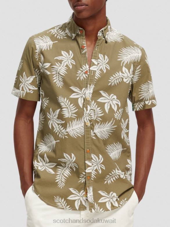 ملابس Scotch & Soda قميص بوبلين مطبوع بقصة عادية ورقة الكاكي رجال N0V4331