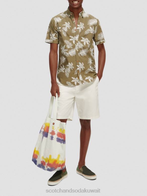ملابس Scotch & Soda قميص بوبلين مطبوع بقصة عادية ورقة الكاكي رجال N0V4331