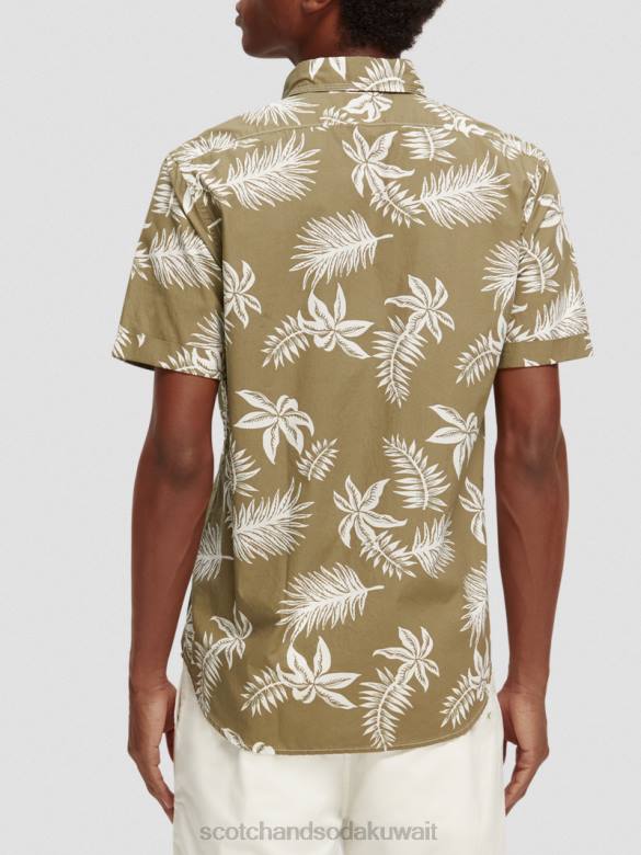 ملابس Scotch & Soda قميص بوبلين مطبوع بقصة عادية ورقة الكاكي رجال N0V4331