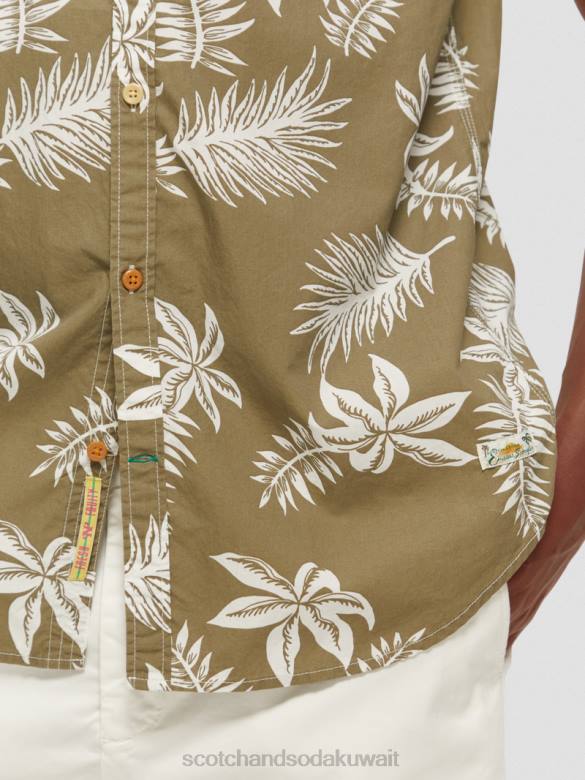 ملابس Scotch & Soda قميص بوبلين مطبوع بقصة عادية ورقة الكاكي رجال N0V4331